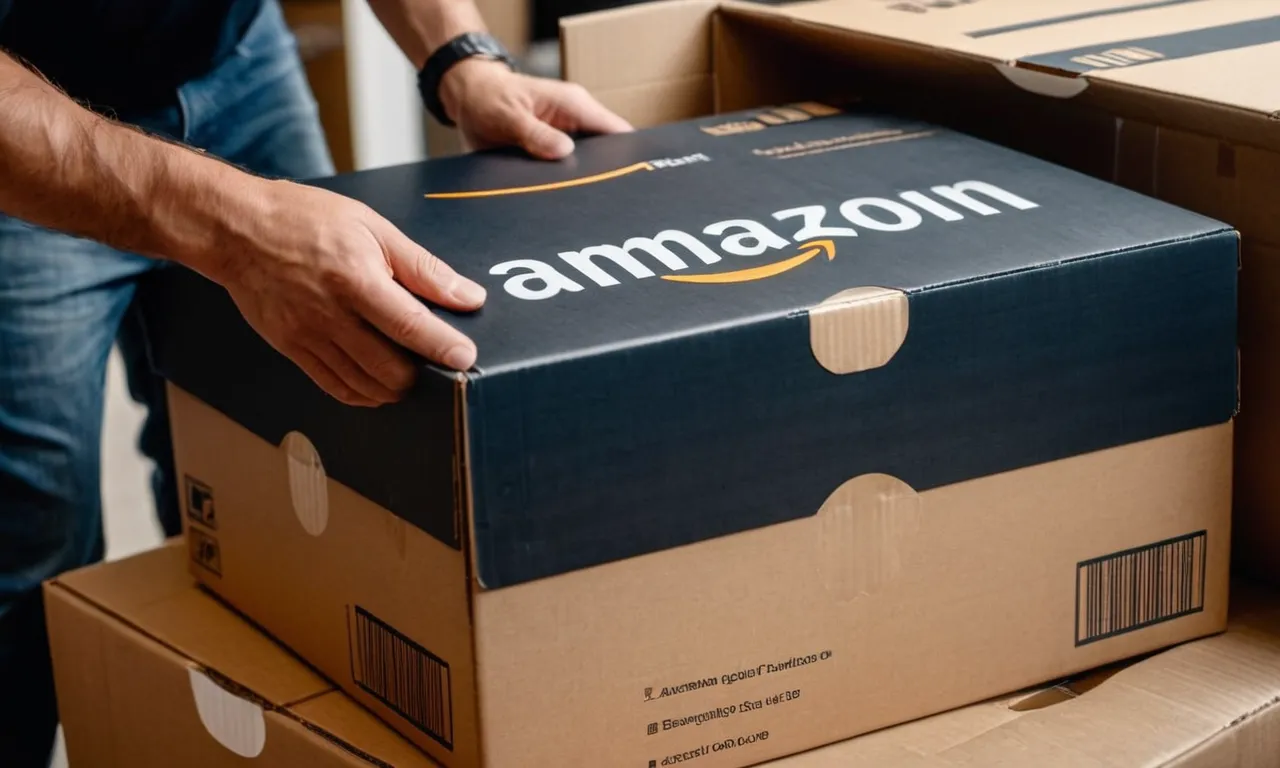 A photo capturing a person carefully repackaging furniture, sealing the box with the Amazon logo prominent, showcasing the process of returning furniture to Amazon.