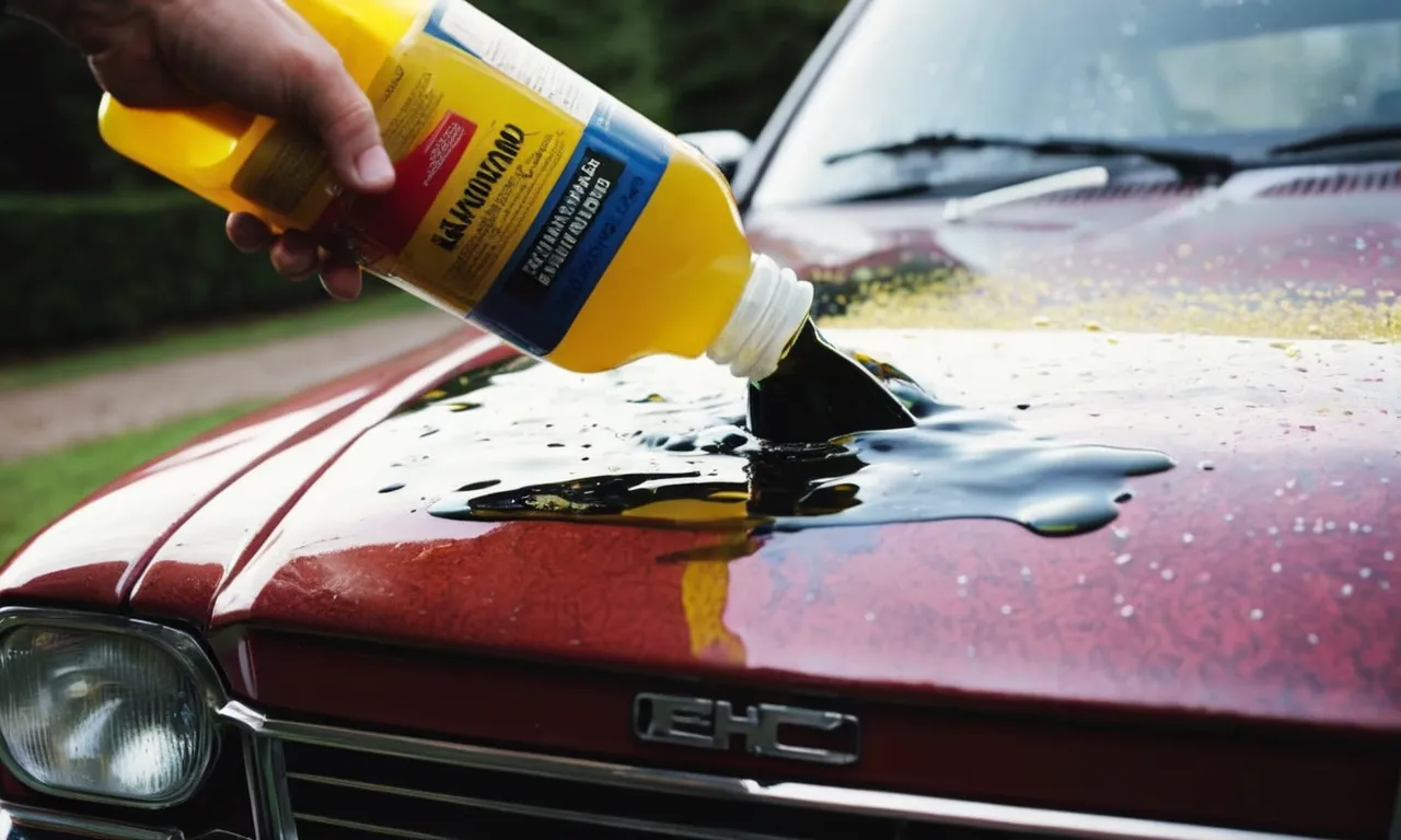 A close-up photo of a bottle of acid or paint stripper being poured onto a car's paint job, with the paint already starting to bubble and peel away.