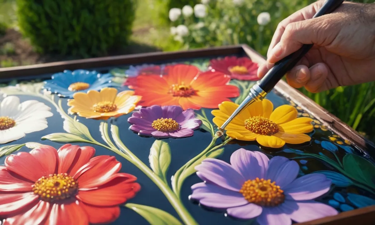 A close-up shot capturing an artist's hand applying a protective varnish onto a vibrant acrylic painting of a blooming garden, ready to withstand the elements of the outdoors.
