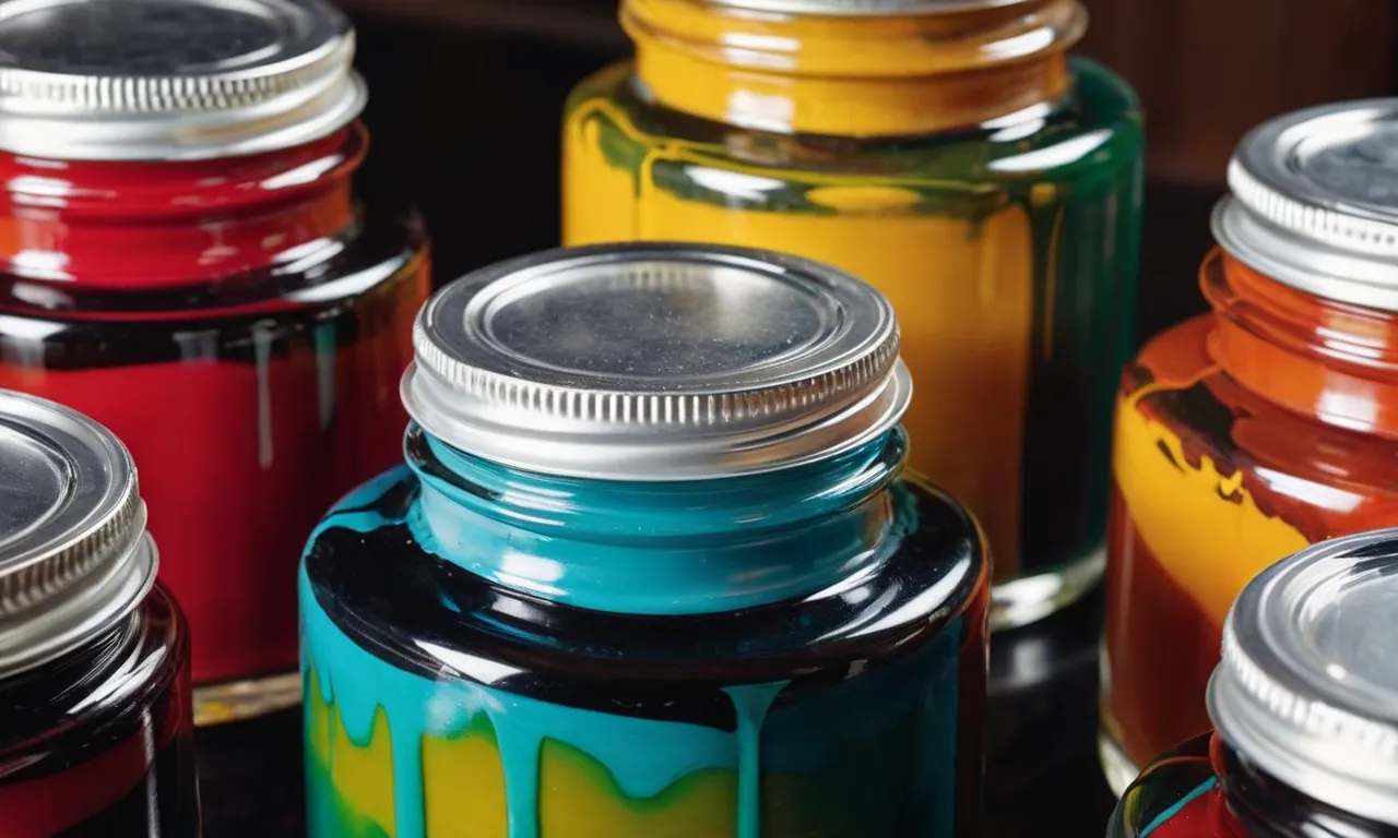 A close-up photo of a glass jar, half-filled with vibrant paint, showcasing the intricate brushstrokes and rich colors. The paint appears sealed, creating a glossy and flawless finish.