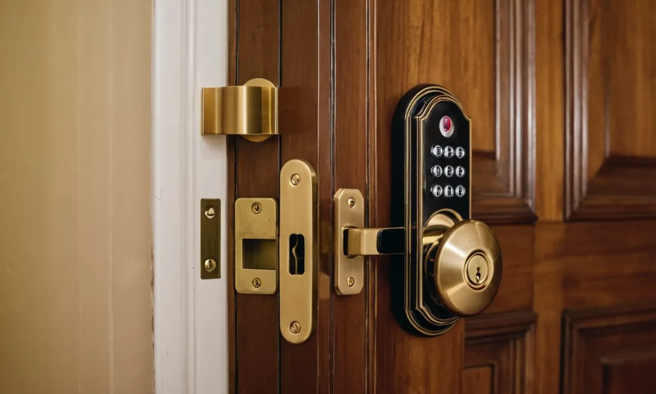 A close-up photo of a hotel room door showing a sturdy deadbolt lock and a security chain, providing peace of mind and ensuring a secure stay.