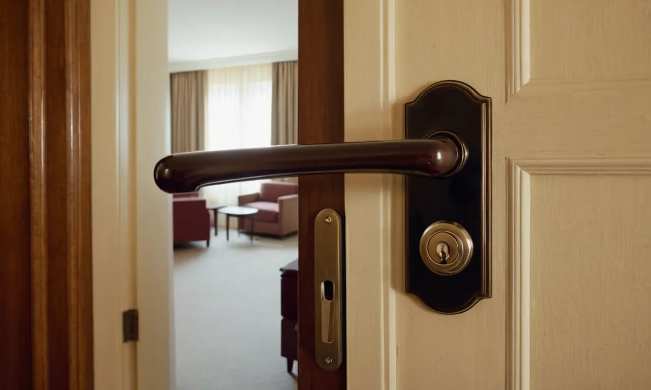 An image capturing a hanger looped around a hotel room door handle, demonstrating a clever DIY technique to enhance security and prevent unauthorized access.