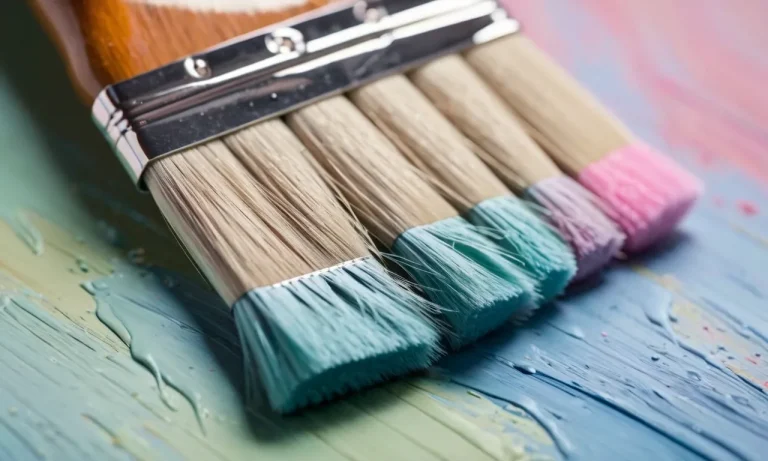 A close-up photo of a paint brush, its bristles covered in gentle strokes of pastel colors, creating a soft and dreamy effect.