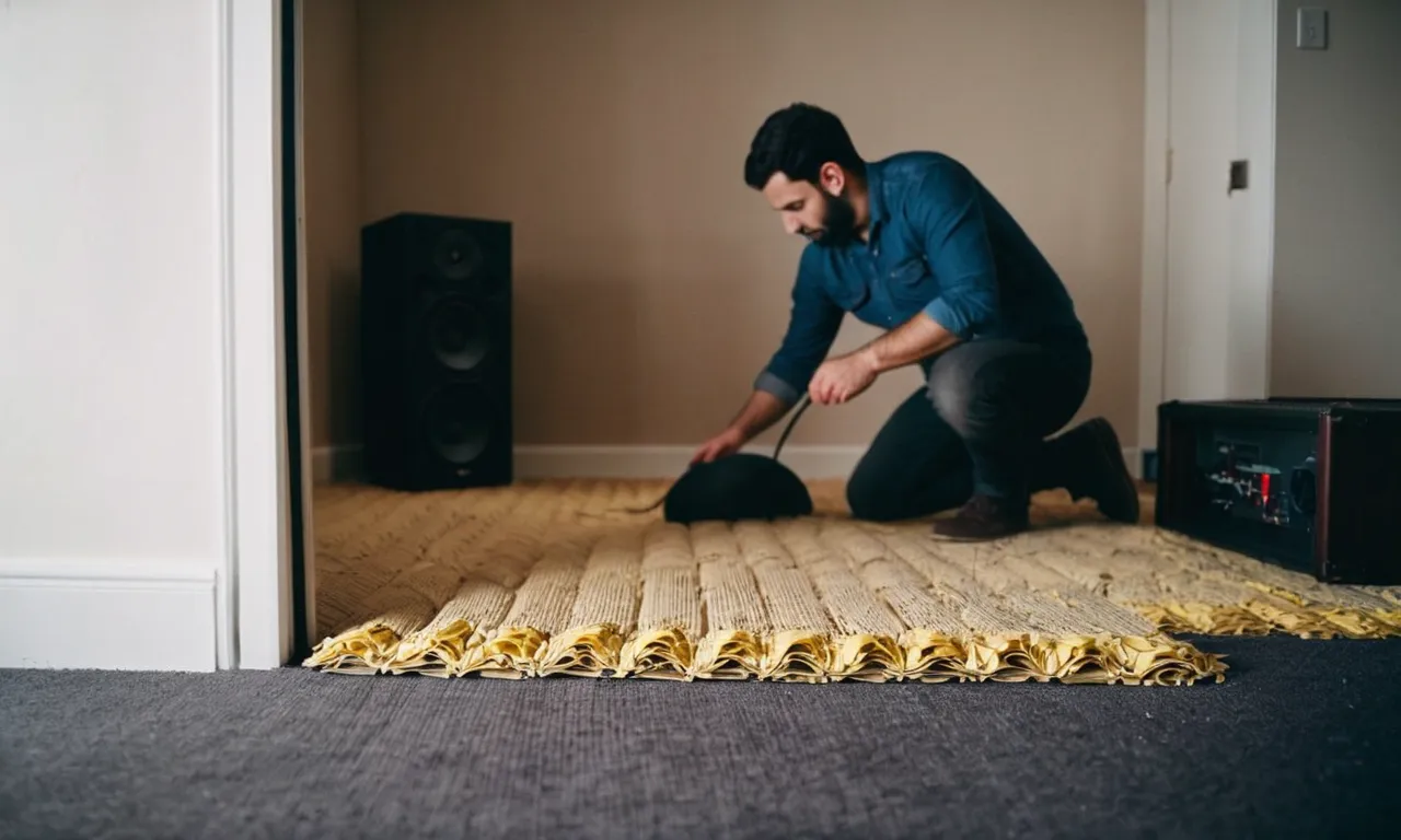 A photo of a person installing soundproofing material on the floor of an apartment, showcasing the step-by-step process of reducing noise transmission and creating a quieter living environment.