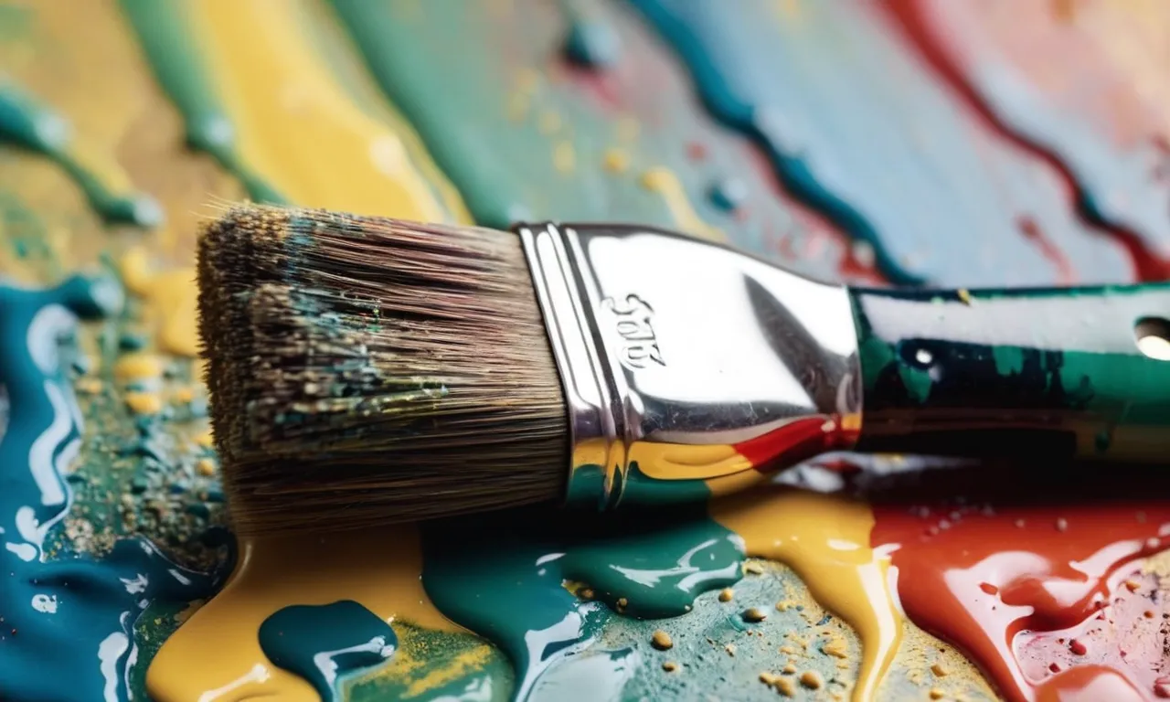 A close-up shot of a worn-out paintbrush, covered in vibrant streaks of dried oil-based paint, showcasing the artist's dedication and creative process.