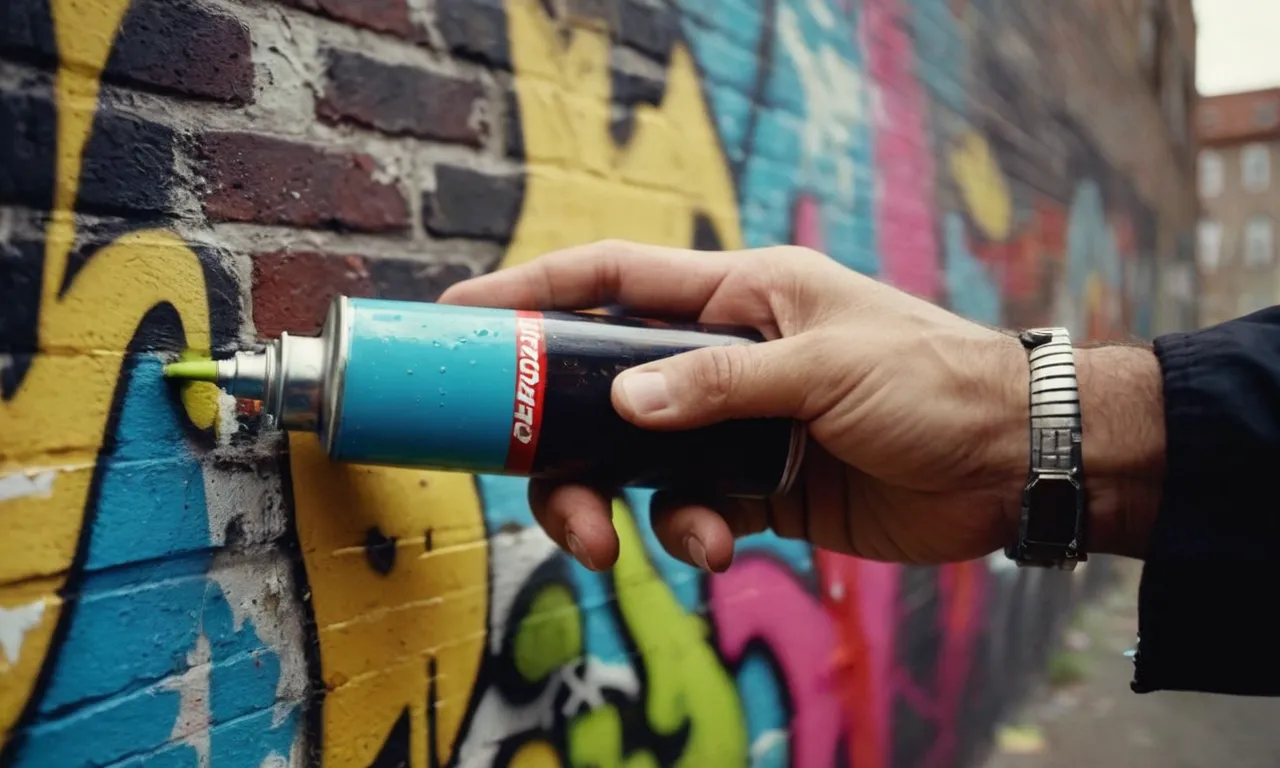 A close-up shot reveals a graffiti artist's hands, skillfully maneuvering a spray paint can, creating vibrant strokes against a textured urban wall, capturing the essence of rebellious creativity.