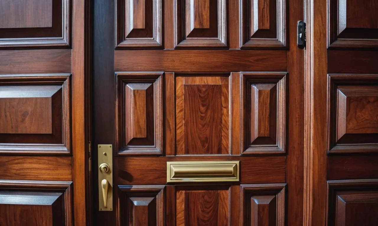 A close-up photograph capturing the intricate wood grain patterns of a front door, beautifully stained in a rich, deep hue, adding elegance and warmth to the entrance of a home.