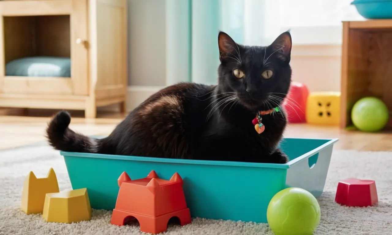 A close-up photo of a litter box, clean and inviting, surrounded by colorful toys, showcasing a serene feline confidently using it, illustrating a successful solution to preventing cats from pooping on the floor.