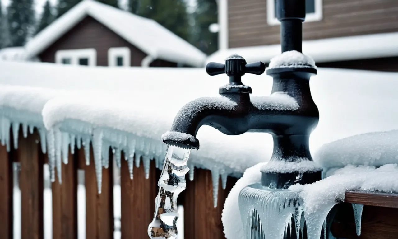 A close-up photo capturing a frost-covered outdoor faucet, with icicles dangling from its spout, showcasing the telltale signs of a frozen outside faucet.