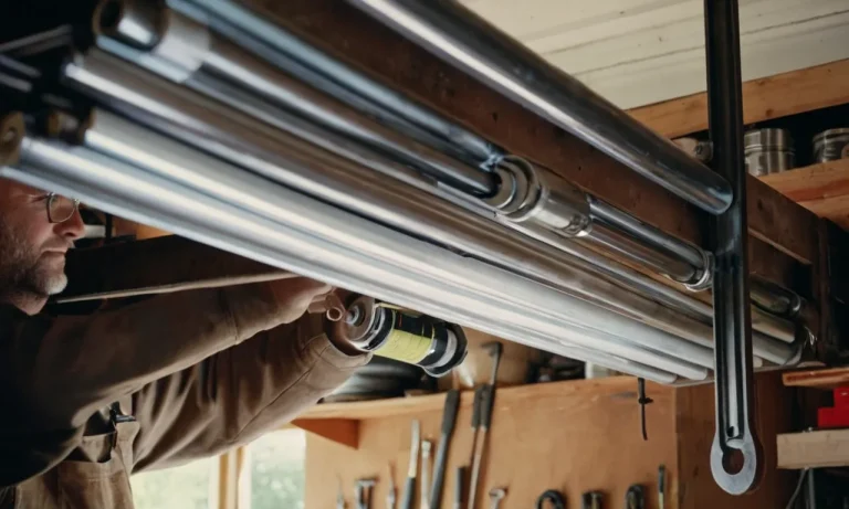 A painting capturing the intricacies of tensioning a garage door spring: A skilled hand delicately adjusts coils, radiating tension and potential energy, contrasting against a backdrop of tools and machinery.