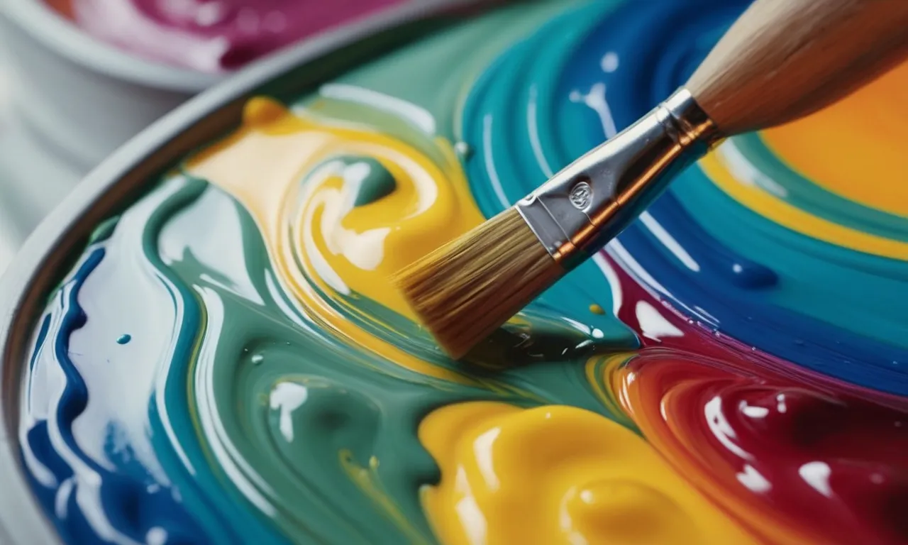 A close-up shot capturing the delicate balance of a paintbrush dipped in solvent, gently swirling against a palette of vibrant oil-based paints, creating a mesmerizing blend of textures and colors.