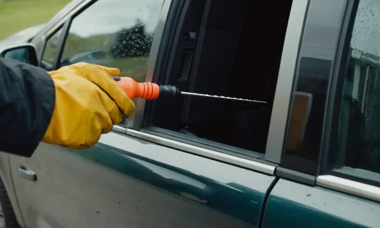A photo showcasing a screwdriver gently wedged between the car window and the door frame, demonstrating a technique to unlock a car door in an emergency.
