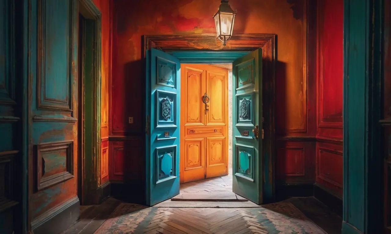 A surreal painting capturing the mystery of unlocking a door without a keyhole: vibrant colors blend with ethereal brushstrokes, revealing a hidden portal concealed within the depths of a seemingly ordinary door.