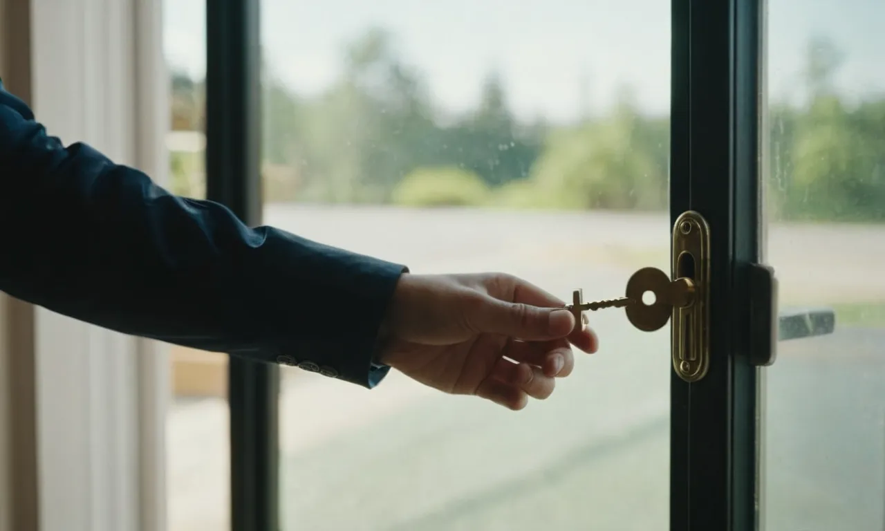 A close-up shot of a hand holding a key, poised to insert it into a lock on a sliding glass door, symbolizing the act of unlocking and gaining access from the outside.