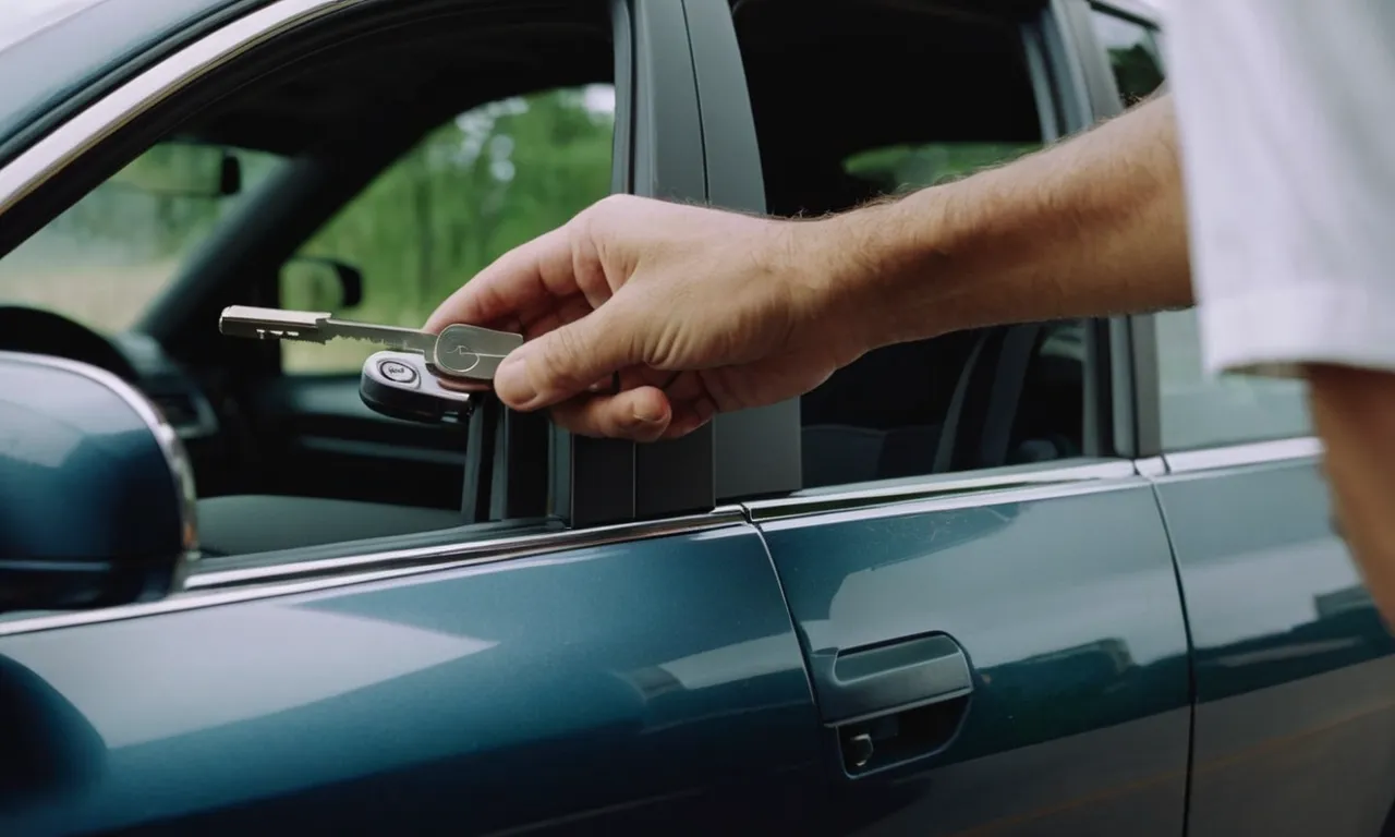 A close-up shot capturing skillful hands using a thin, metal tool inserted into the car door's lock mechanism, demonstrating a clever method to unlock a car without a key.