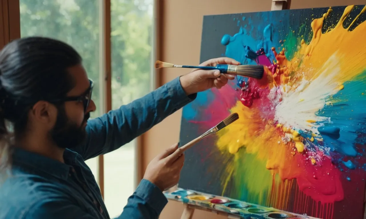 The painting depicts a photographer holding a brush dipped in paint thinner, demonstrating the technique with a vibrant burst of colors being dissolved and transformed on the canvas.