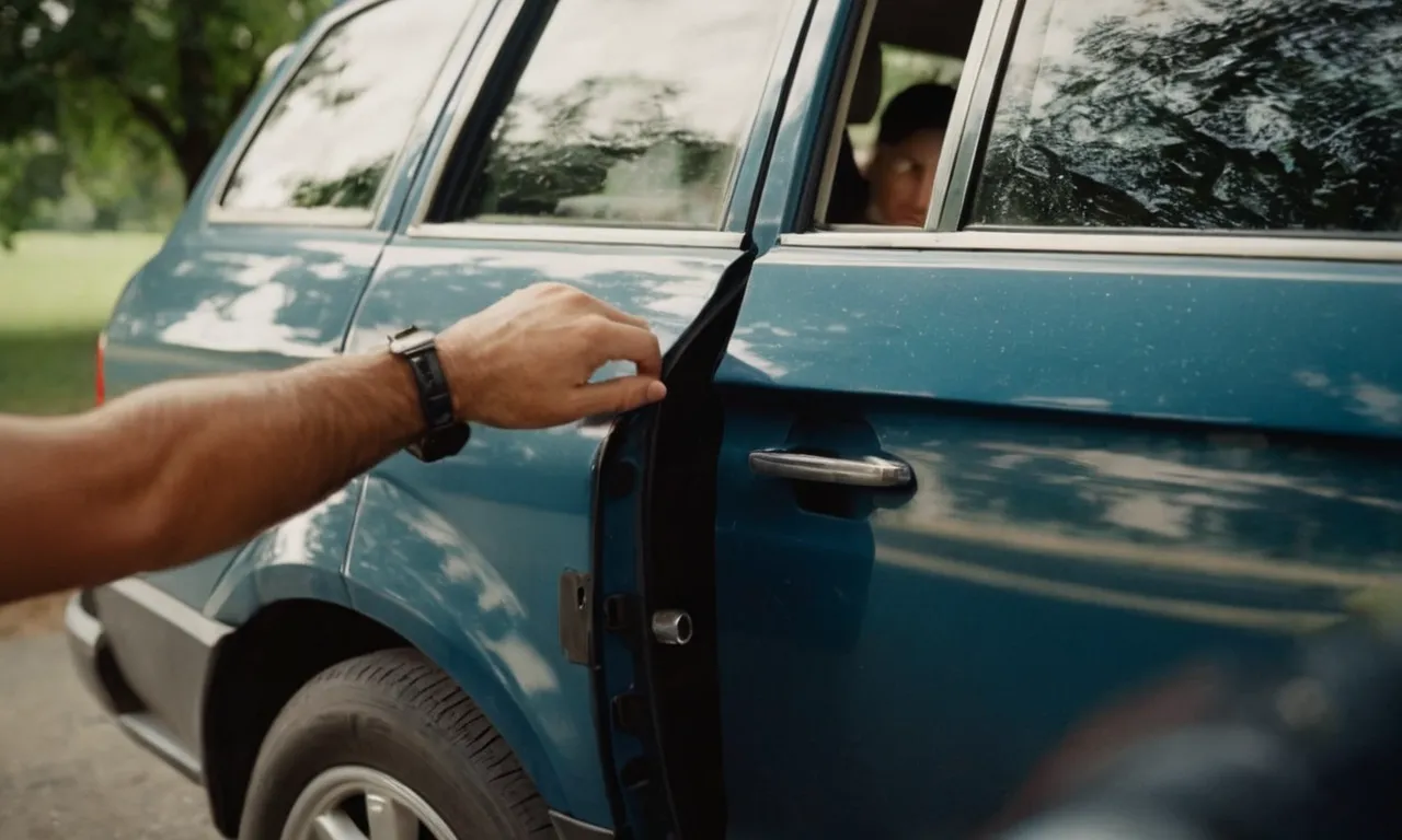 A close-up shot of a car door pressed against another vehicle's side, capturing the tension and regret in the owner's face, symbolizing an unintentional encounter.