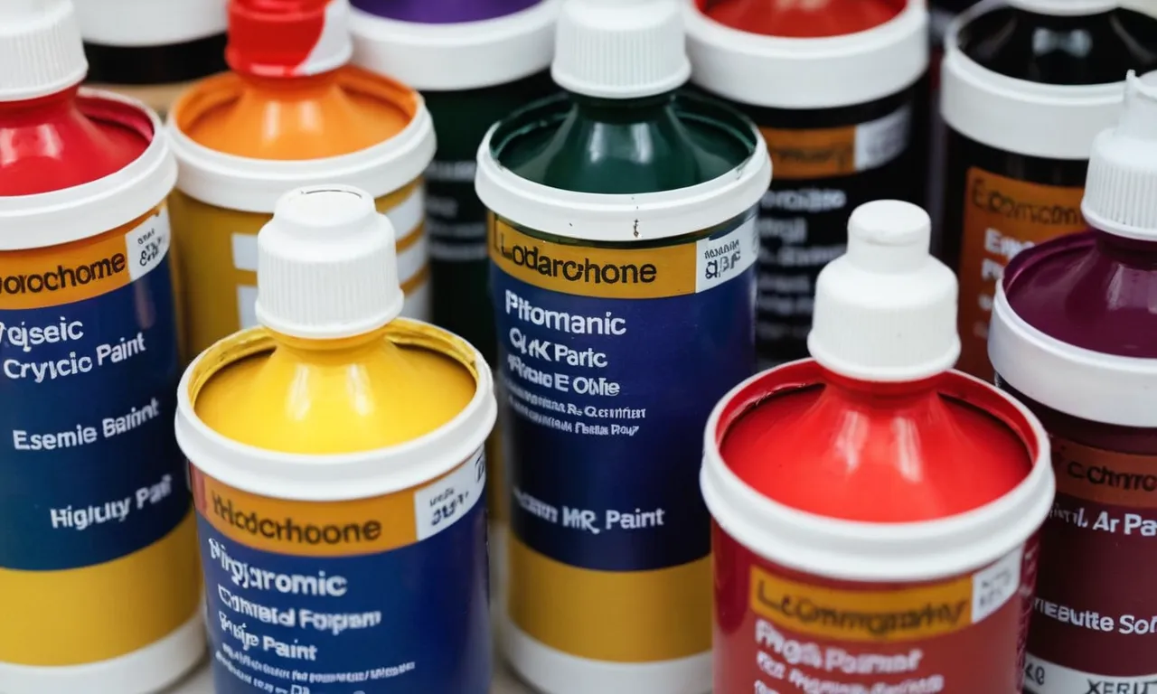 A close-up photo of various colorful acrylic paint tubes and fabric paint bottles side by side, showcasing their vibrant pigments and distinct labeling, highlighting the difference between the two mediums.