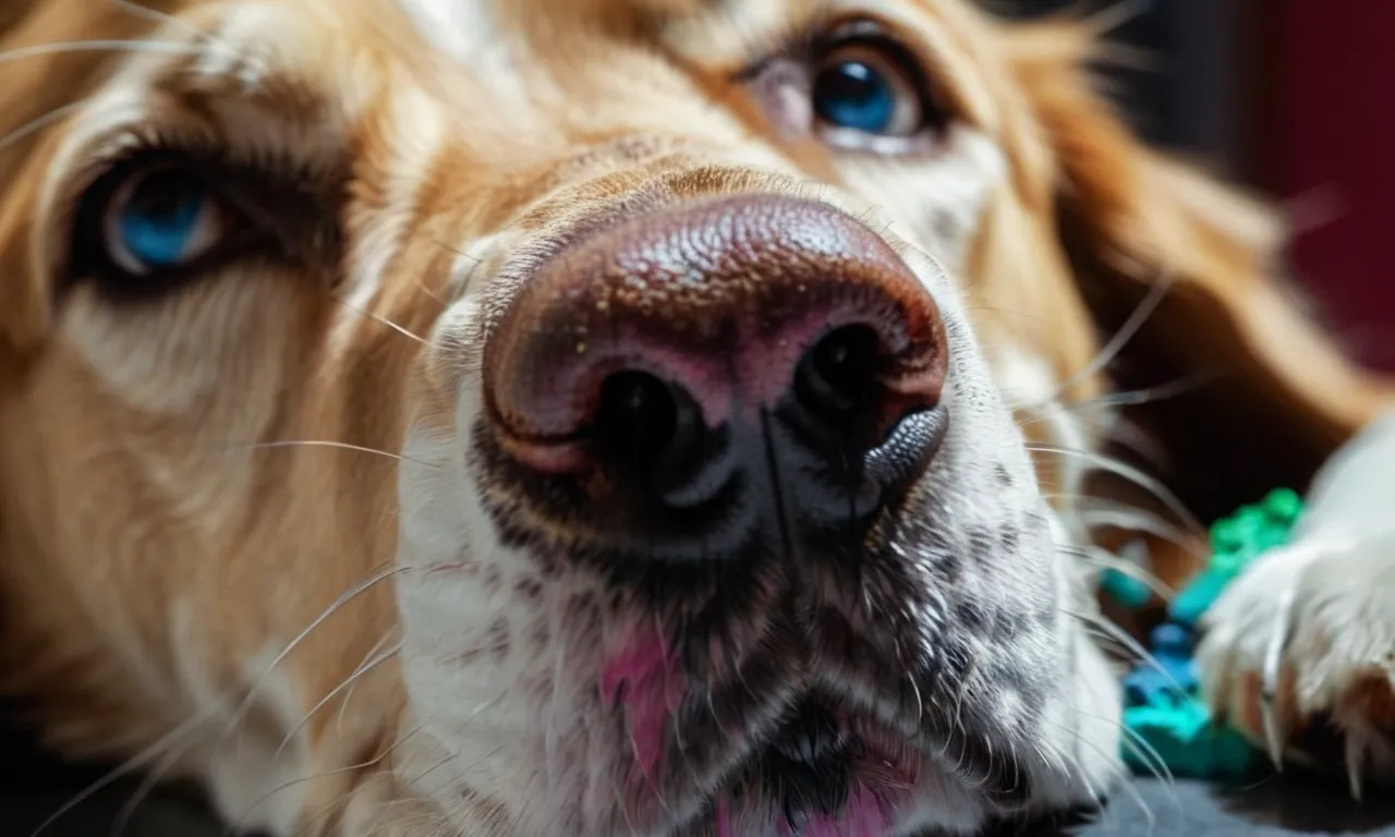 A close-up shot of a curious dog's nose, sniffing a colorful palette of acrylic paints, capturing the innocence and potential danger of their curiosity.