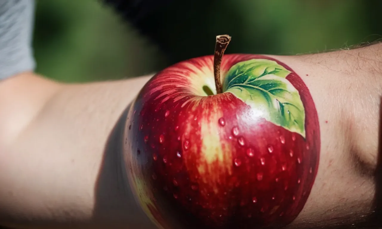 A close-up photo capturing a vibrant apple painted on a person's arm using Apple Barrel paint, showcasing its safety for skin application.