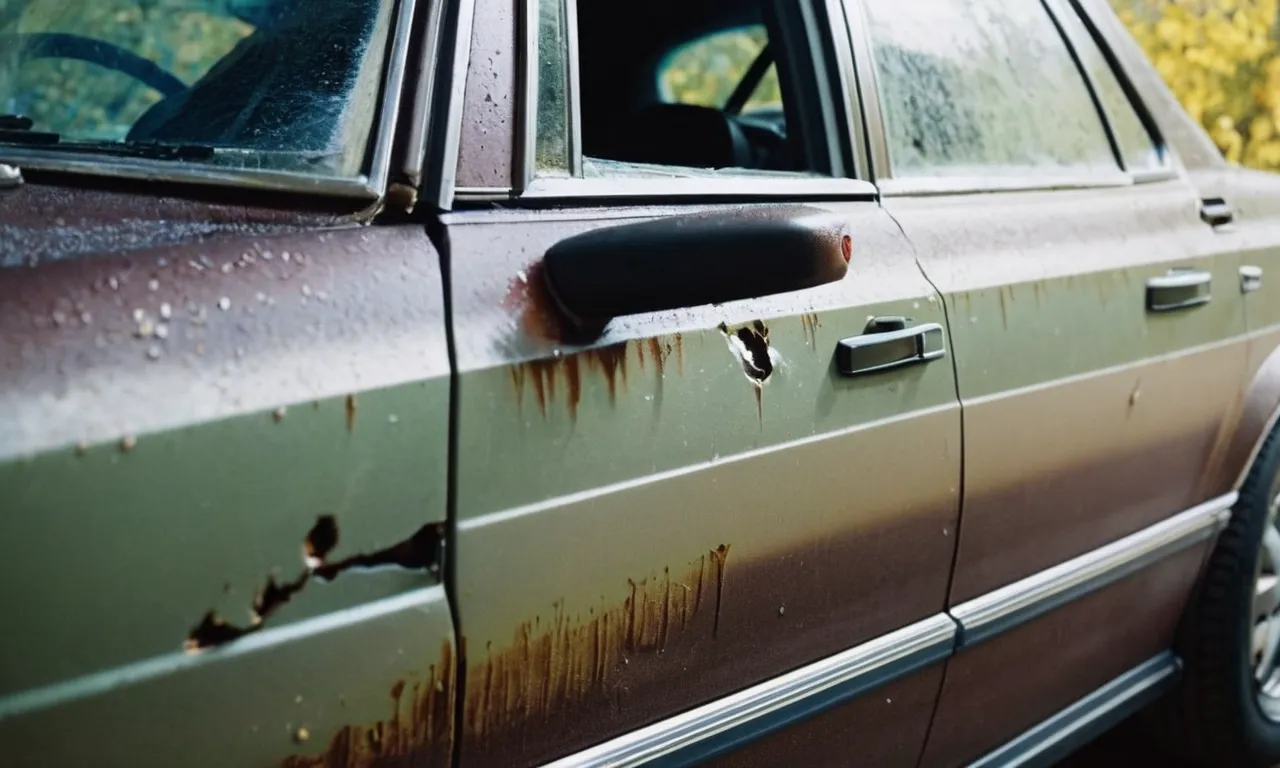 A close-up photo capturing a car's damaged door, revealing a series of fresh dings and scratches, raising questions about the possibility of a hit and run incident.