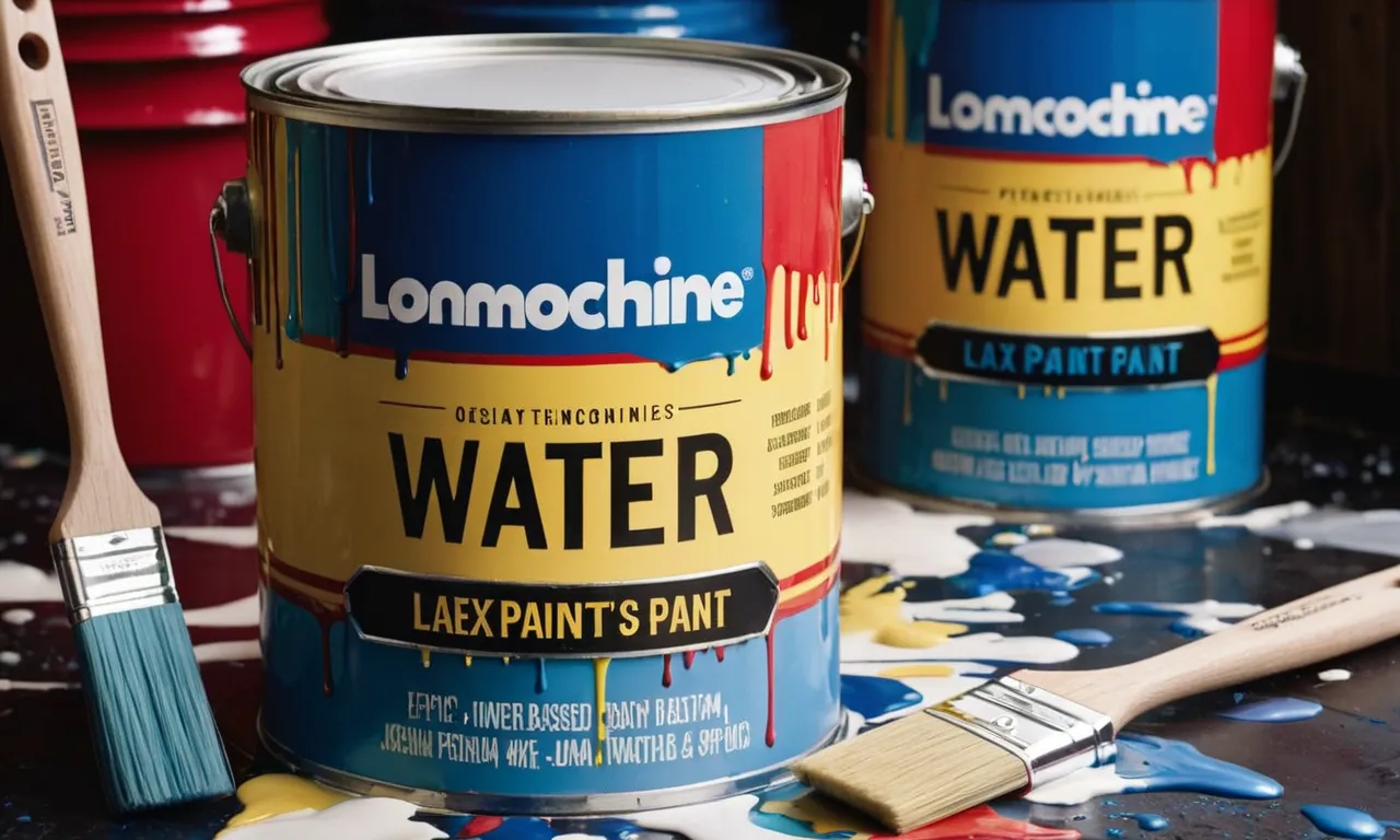 A close-up photo of a paint can labeled "Latex Paint" against a backdrop of paintbrushes, showcasing the text "Water-Based" prominently on the label.