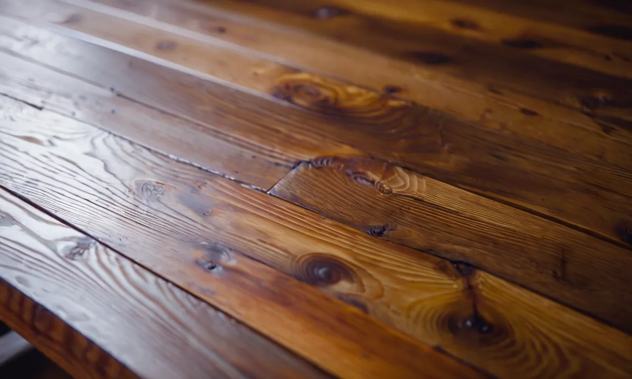 A close-up shot capturing the exquisite grains and rich texture of a solid pine wood dining table, showcasing its durability and natural beauty as a perfect choice for furniture.