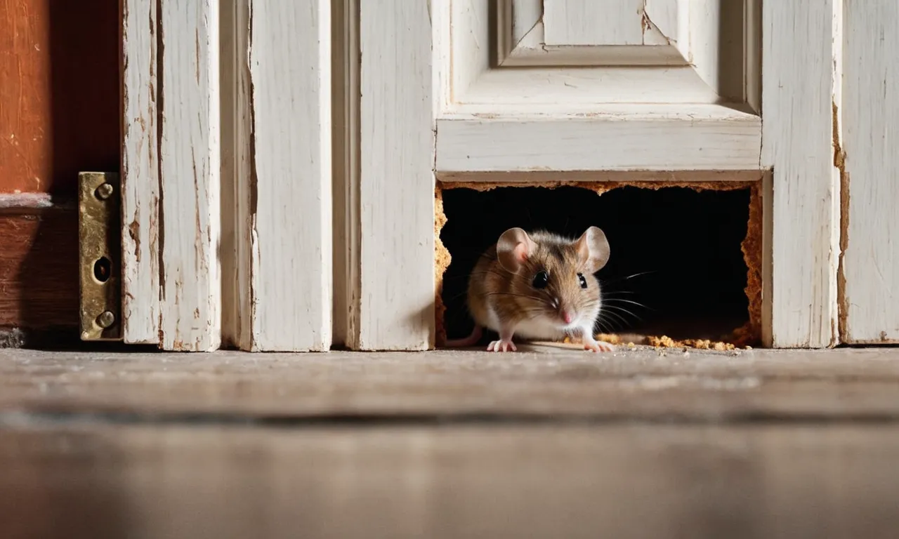 The painting depicts a tiny mouse peering through a crack under a door, capturing the curiosity and determination to explore beyond its boundaries.