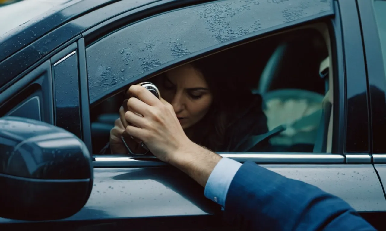 A vivid painting capturing frustration: a person's hand gripping a manual key, despair etched on their face as it fails to unlock a car door, symbolizing the powerlessness of technology.