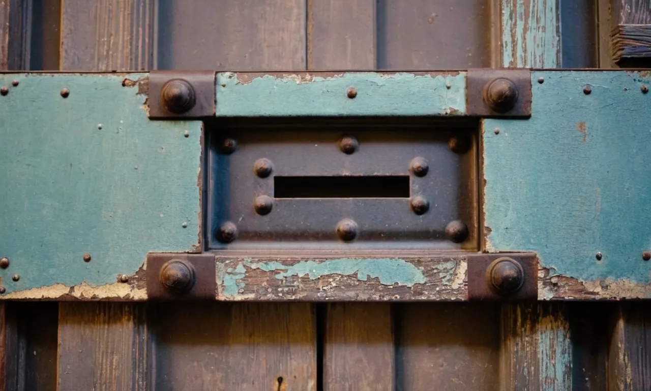 A close-up photograph capturing the raw beauty of a weathered metal piece clinging to a worn door frame, telling stories of time and resilience.