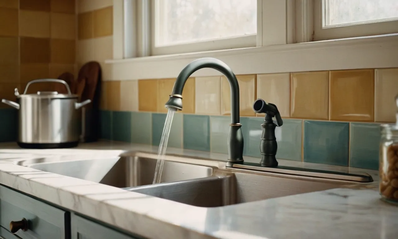 A painting depicting a loose Moen kitchen faucet handle: a subtle blend of muted tones, capturing the frustration and delicacy of the situation with delicate brushstrokes and a sense of impending chaos.