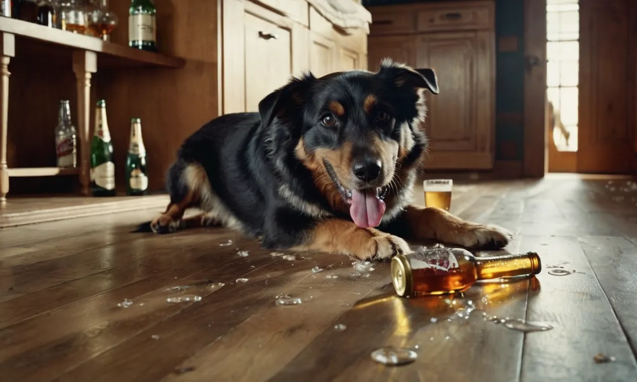 A chaotic yet endearing scene captured in paint, depicting a mischievous dog gleefully lapping up spilled beer from the floor, his wagging tail and guilty eyes revealing his undeniable love for mischief.