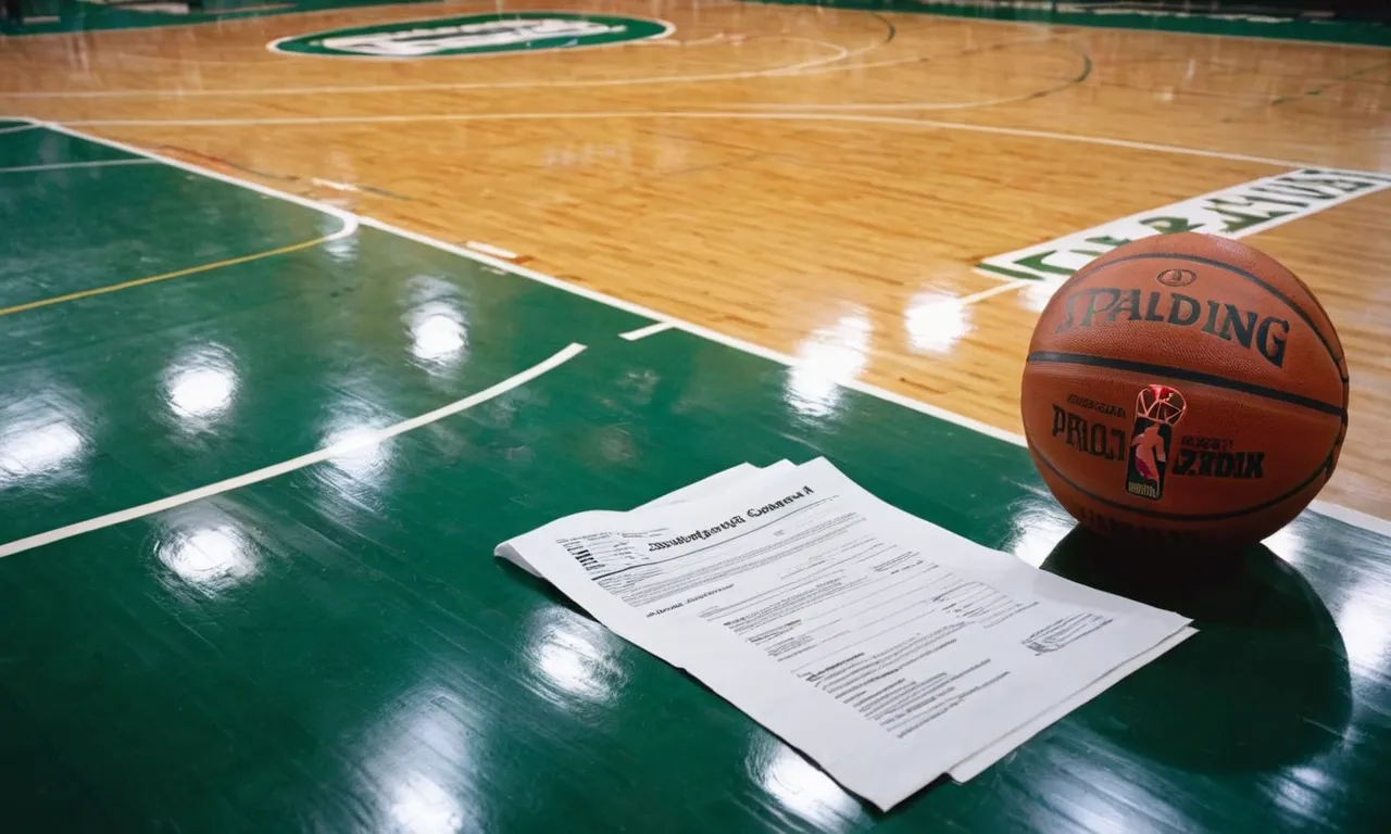 A close-up shot capturing a basketball court's gleaming surface, while a mop sits beside a crumpled job application, symbolizing the essential yet often overlooked role of an NBA floor cleaner.