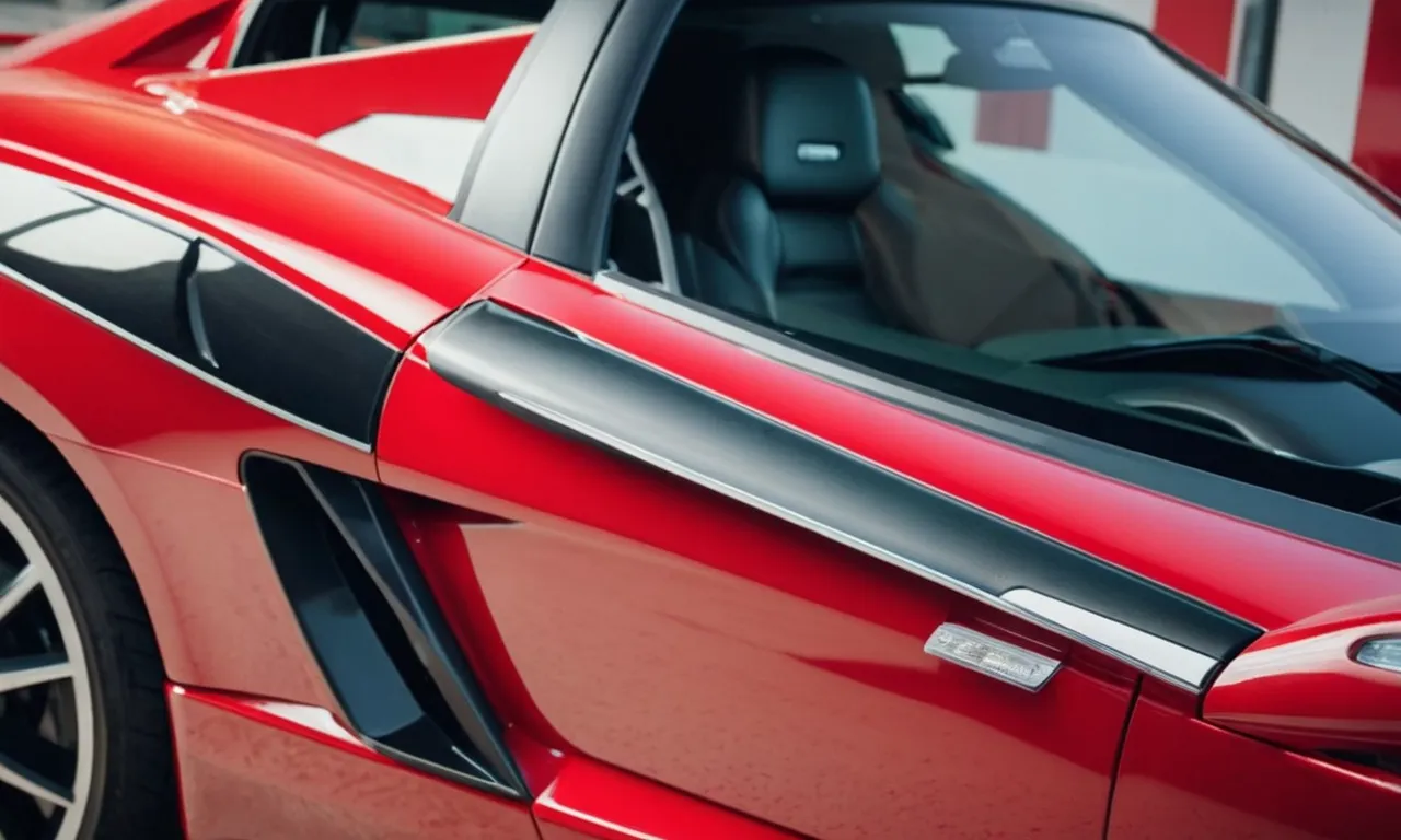 A close-up shot of a shiny red sports car with freshly painted panels, showcasing the meticulous craftsmanship. The photo captures the sleek finish and highlights the attention to detail, implying a significant cost for the car's paint job.