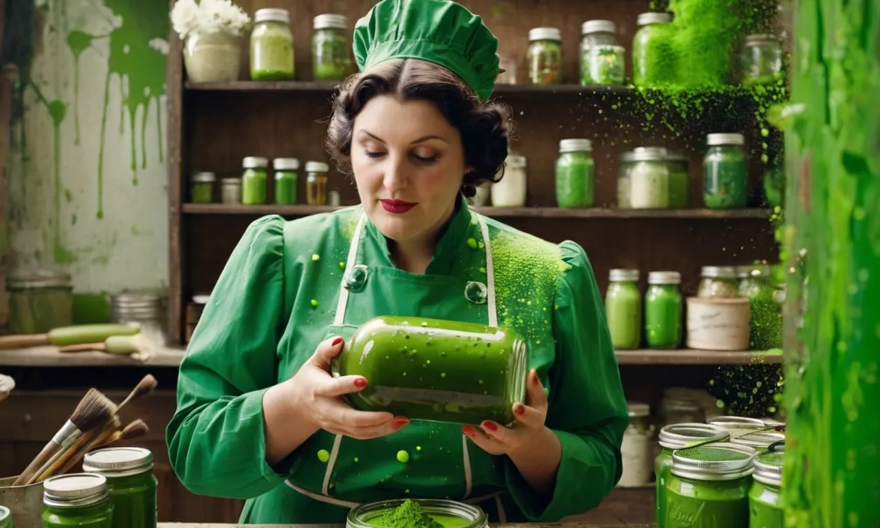 A whimsical image of a person dressed in a vibrant green costume, holding a pickle jar while surrounded by paintbrushes and splatters of green paint, capturing the essence of "paint me green and call me a pickle."