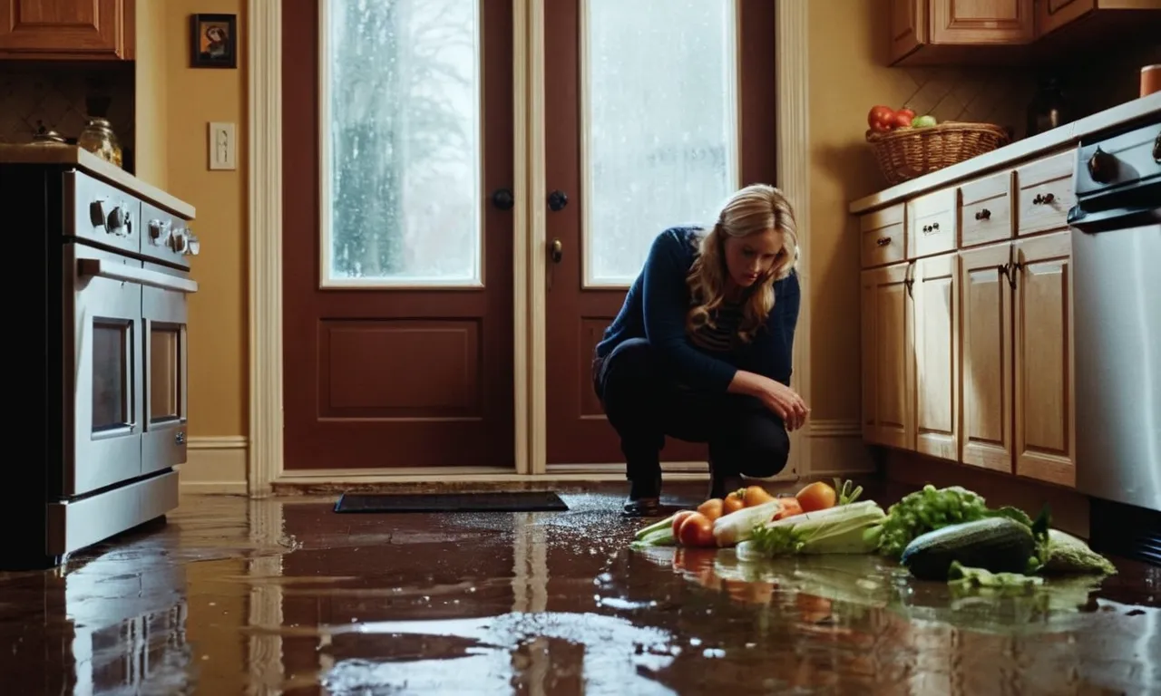 A close-up photo capturing a frustrated homeowner frowning at a malfunctioning French door refrigerator, surrounded by spilled groceries and a puddle of water on the kitchen floor.
