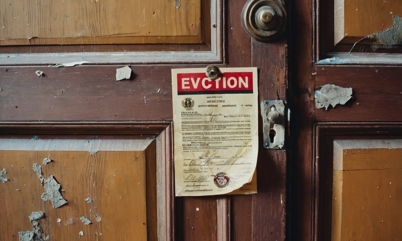 A painting capturing the raw reality of a real eviction notice, starkly plastered on a dilapidated door, embodying the despair and displacement of those affected by the harshness of life's circumstances.