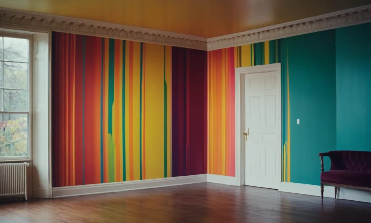 A photo showcasing a blurred view of a vibrant exterior wall paint being artistically applied on the interior of a room, symbolizing the question "can exterior paint be used inside?"
