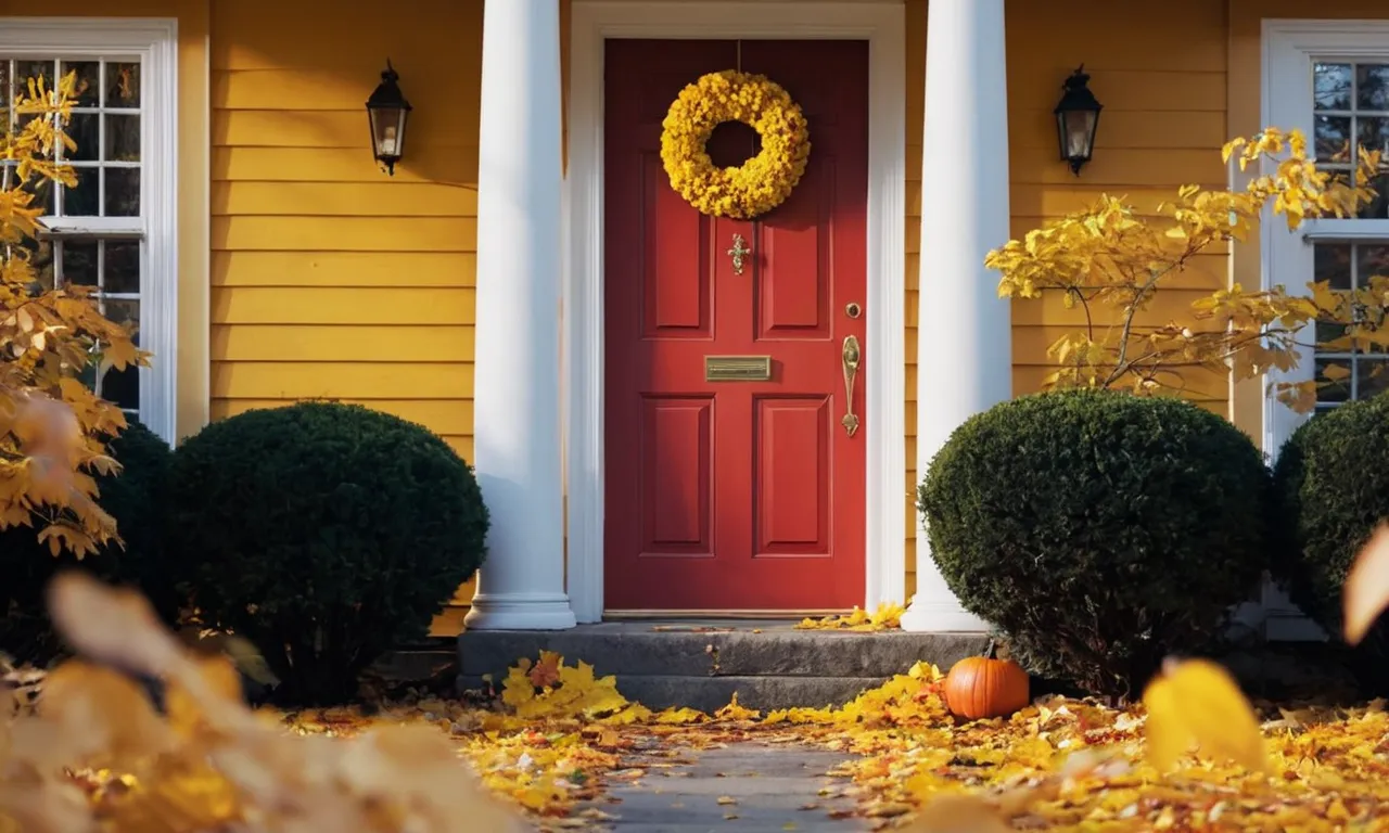 A hauntingly captivating scene: a weathered red door, adorned with a vibrant yellow wreath, stands silently amidst a backdrop of fallen leaves, symbolizing the passage between life and death.