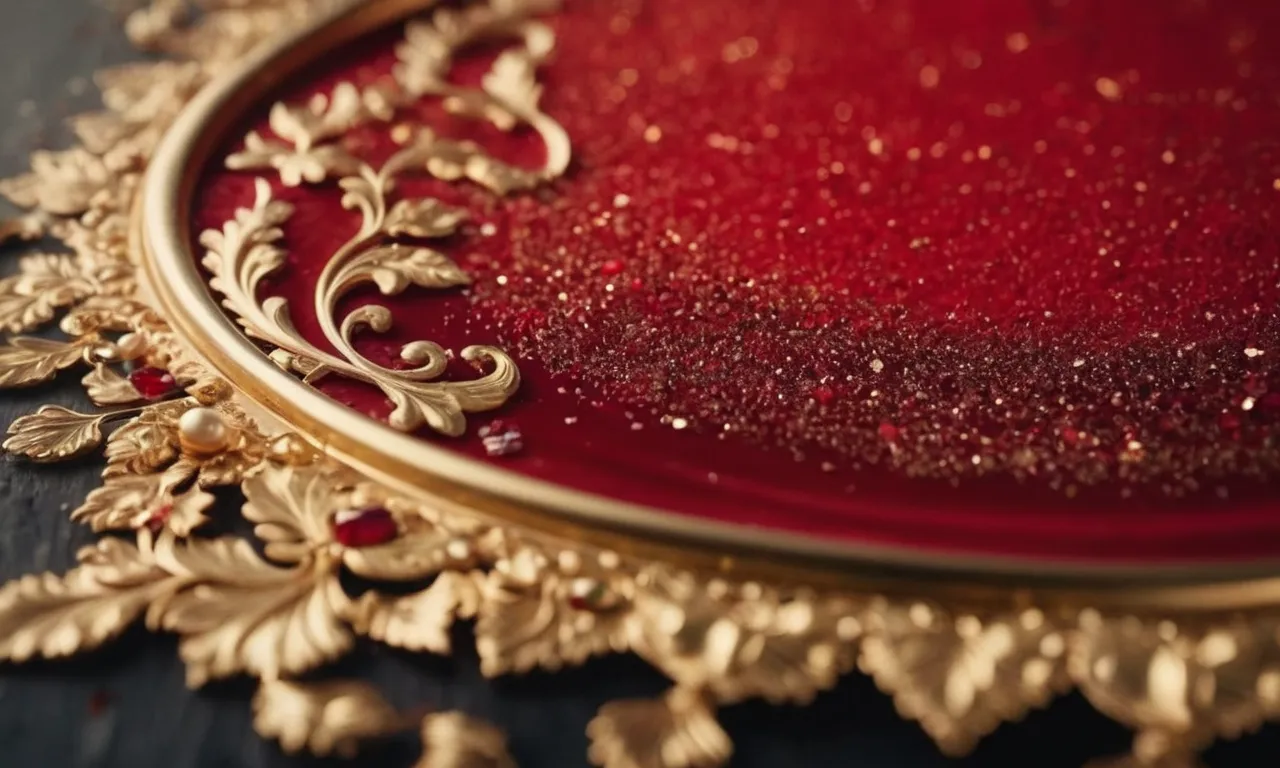 A close-up shot captures the vibrant allure of red paint, shimmering with delicate gold flakes, as they dance and reflect light, creating a mesmerizing and luxurious visual feast.