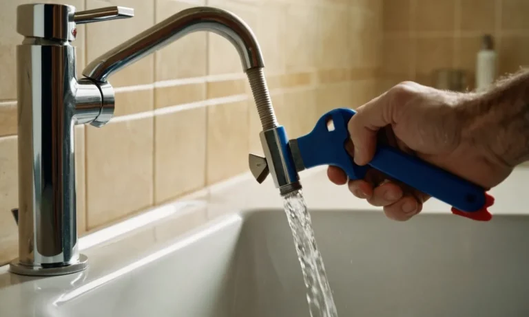 A close-up image of a person's hand gripping the base of a faucet, with a wrench visible nearby, showcasing the process of removing a faucet without the use of a basin wrench.