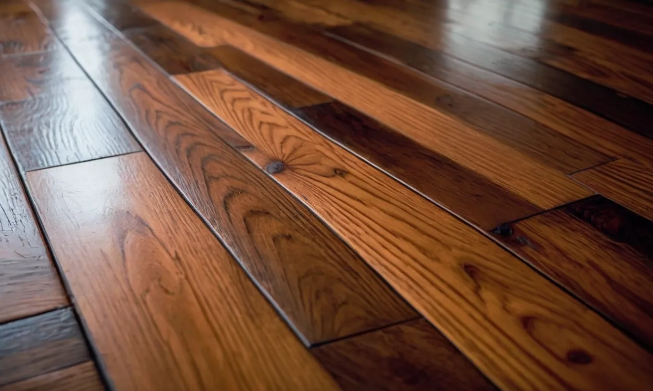 A close-up photo capturing the intricate patterns and rich hues of a beautifully restored hardwood floor, showcasing its natural beauty without the need for sanding.