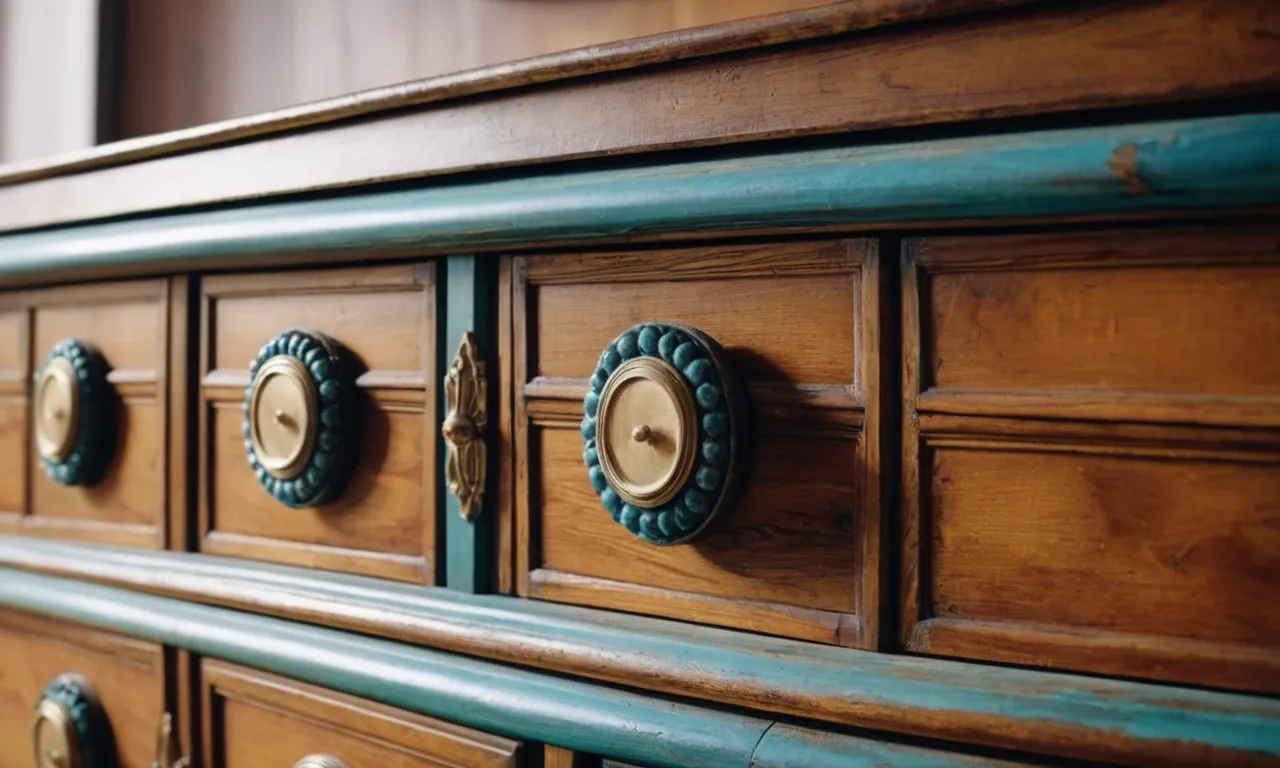 A vibrant painting capturing the intricate process of restoring worn wood furniture. Layers of color and texture depict the gentle touch, breathing new life into the aged furniture without the need for stripping.