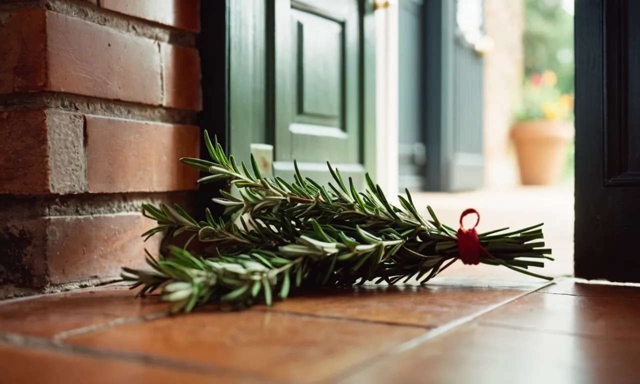 A close-up shot capturing a vibrant sprig of rosemary nestled by a front door, symbolizing remembrance, protection, and a warm welcome to all who enter.