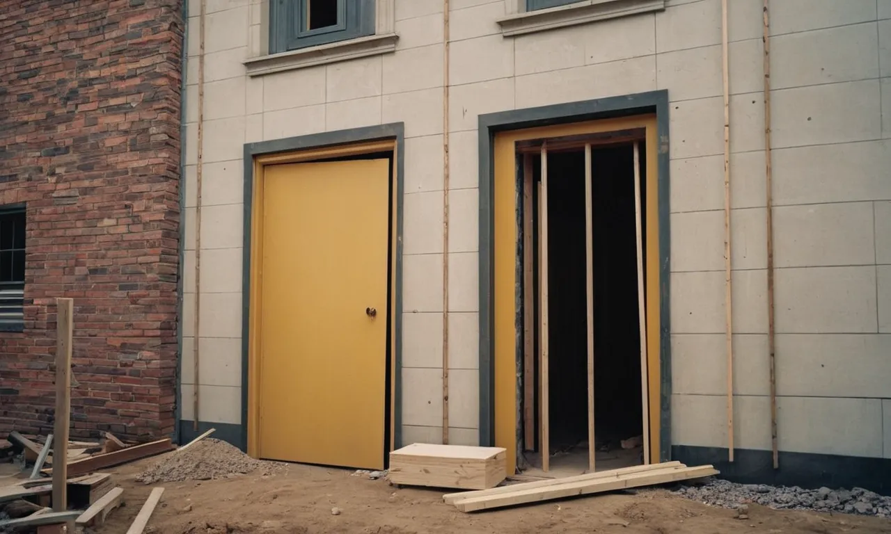 A photo of a construction site showing a partially constructed wall with a marked rough opening, ready to accommodate a 32-inch door.
