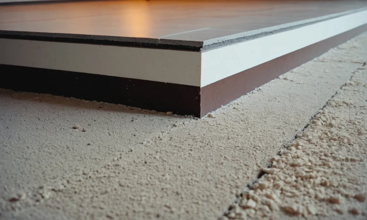 A close-up shot capturing the edge of a drywall panel installed perfectly flush to the floor, showcasing the clean and seamless transition between the wall and the floor surface.