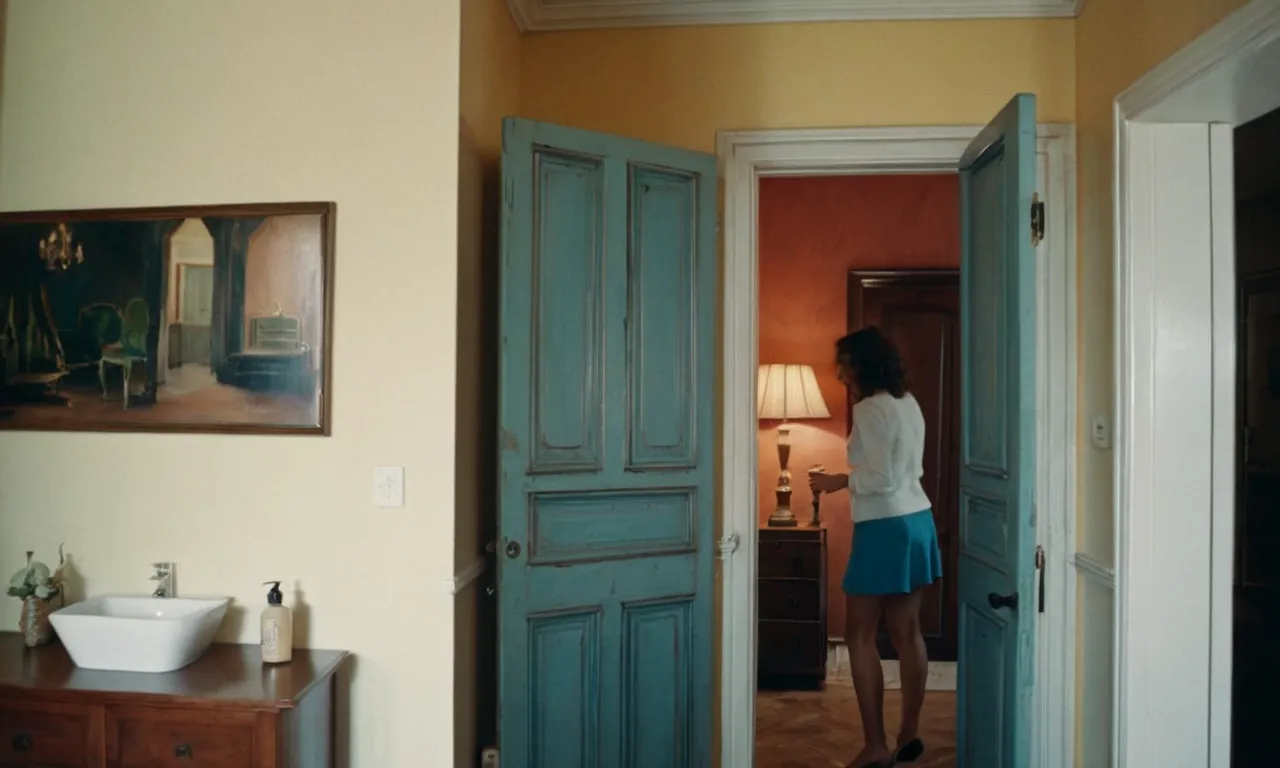 Una pintura que muestra a una persona frente a un baño con una puerta abierta, con una expresión de duda y preguntándose si debe cerrarla o no.