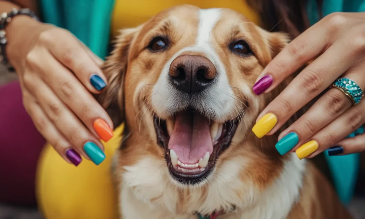 A vibrant canvas showcasing a smiling dog with colorful nails, capturing the bond between humans and their pets, celebrating creativity and playfulness.