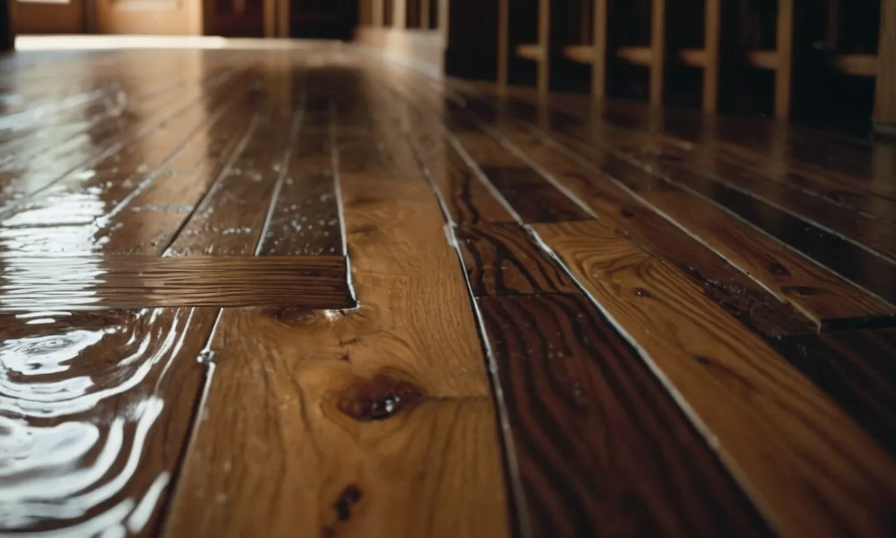 A close-up photo captures a warped wooden floor with visible stains and discoloration, revealing telltale signs of water damage as it seeps through the surface, hinting at potential underlying issues.
