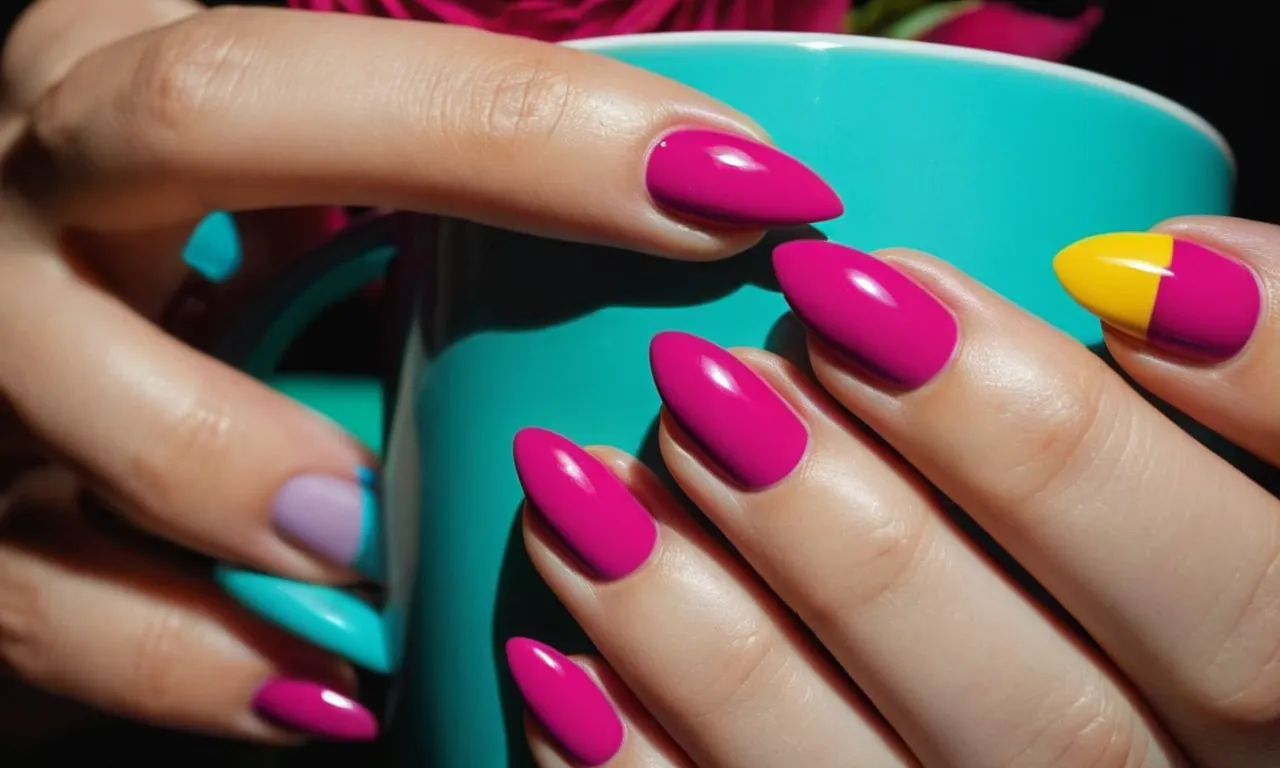 A close-up photo capturing a hand with perfectly manicured dip nails, showcasing vibrant colors and flawless texture, inviting viewers to ponder the possibility of painting over such artistic nail enhancements.